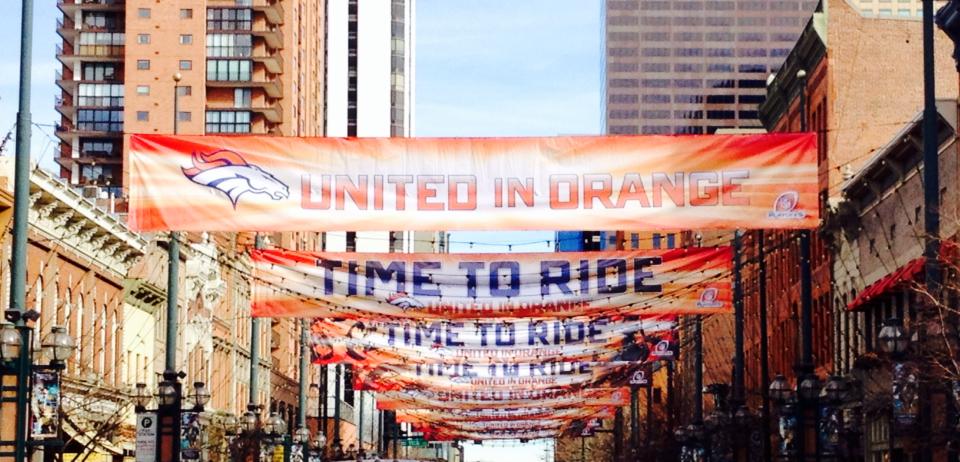 Banners of Broncos Support over Lamimer Square