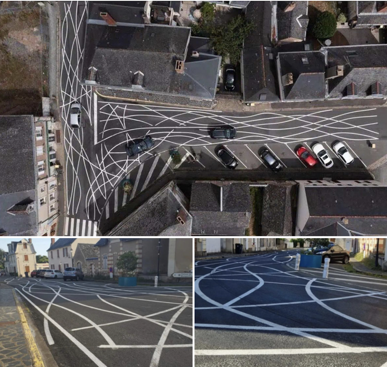 Multiple images of a street in France from various perspectives, where the lines drawn on the street are drawn unpredictably and in an overlapping fashion.