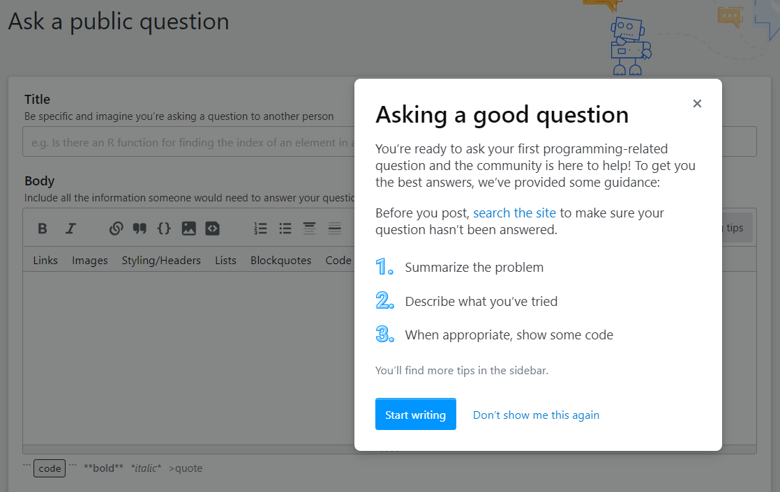 A picture of the Stack Overflow modal prompt before posting a question.