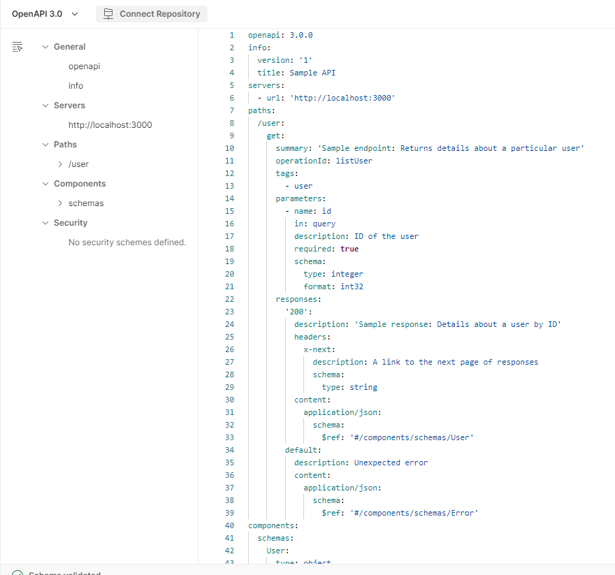 A picture of the default OpenAPI template provided by Postman.