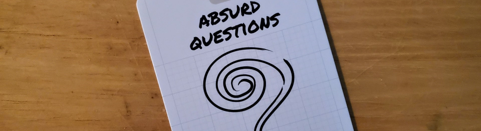 A picture of a card with the caption 'Absurd Questions' above a stylized question mark.