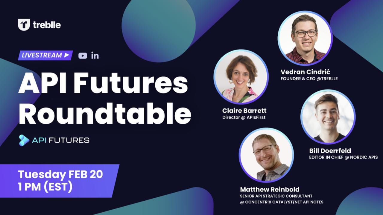 The cover image for the API Futures Roundtable, featuring the four speakers' pictures cropped within circular bubbles next to the title and date.