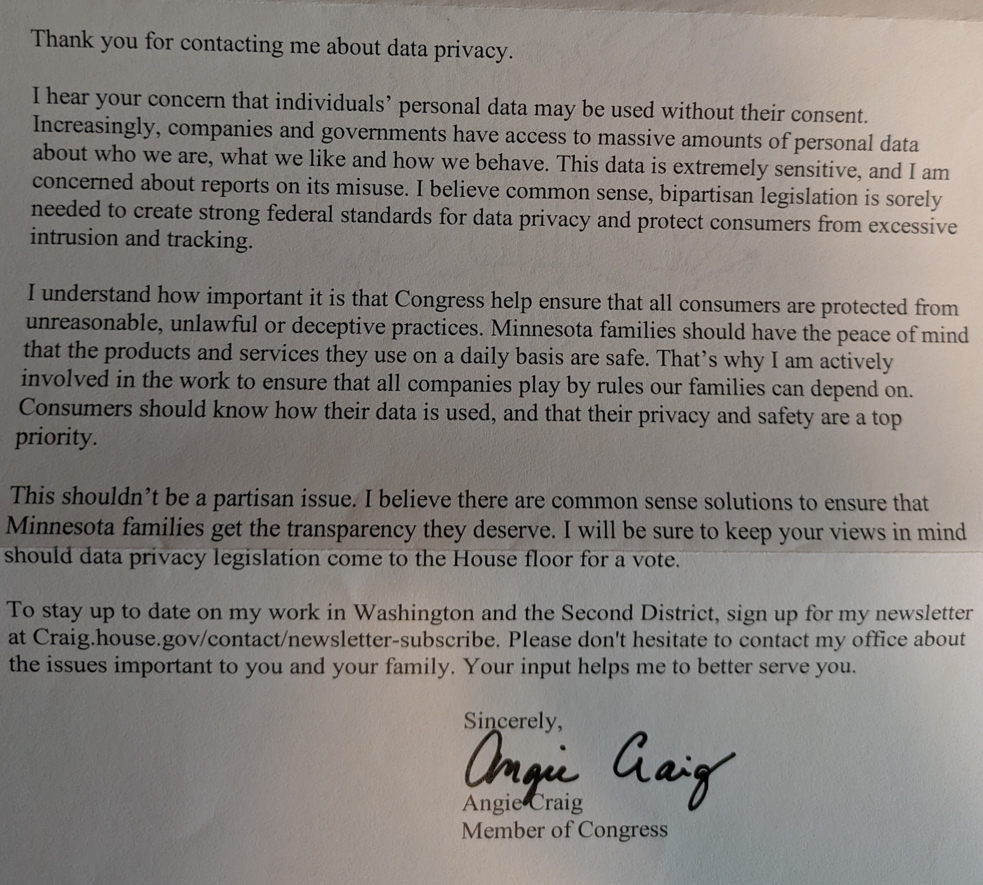 A photo of Angie Craig's letter in response to my concerns regarding the Take It Down Act. It starts with "Thank you for contacting me about data privacy. I hear your concern that individuals' personal data may be used without their consent." 