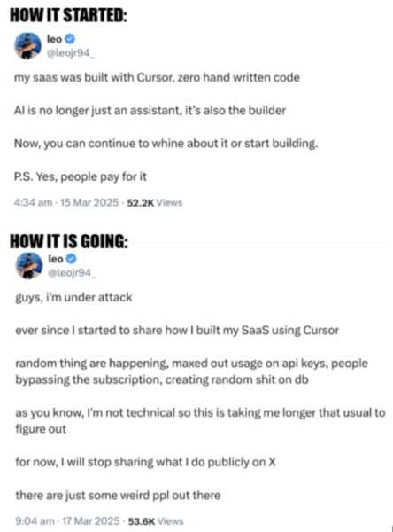 "A pair of tweets from a user on Twitter. In the first, he brags about how he vibe coded his way to an application. In the second, he pleads for help, as things are failing and he doesn't know why.