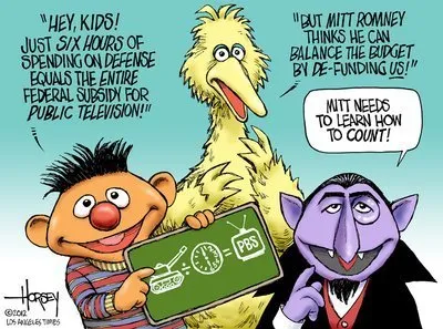 A cartoon using the Sesame Street Characters. Moving from left to right, Ernie says, "Hey, kids! Just six hours of spending on defense equals the entire federal subsidy for public television!" Big Bird then says, "But Mitt Romney thinks he can balance the budget by de-funding us!" The Count then says, "Mitt needs to learn how to count!" Cartoon is by David Horsey comic (from the Baltimore Sun?!)